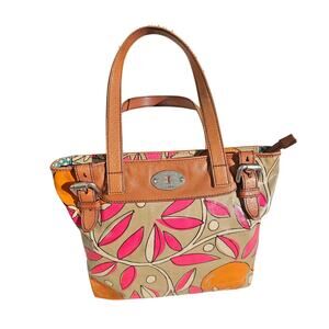 Vintage Fossil Key-Per Coated Canvas Fun Tan and Pink Print Medium Stachel Clean